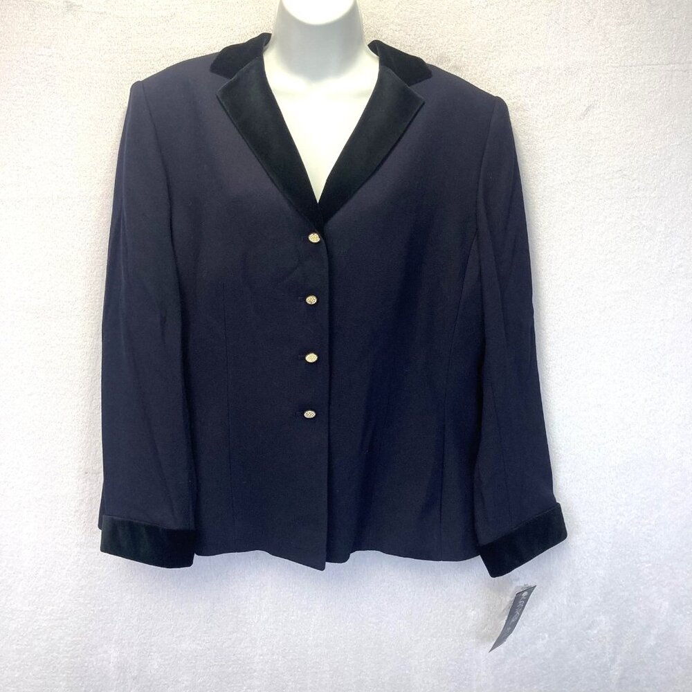 Kasper A.S.L. Jacket Womens 16P Petite Navy Blue Velvet Collar Cuffs Blazer NWT‎